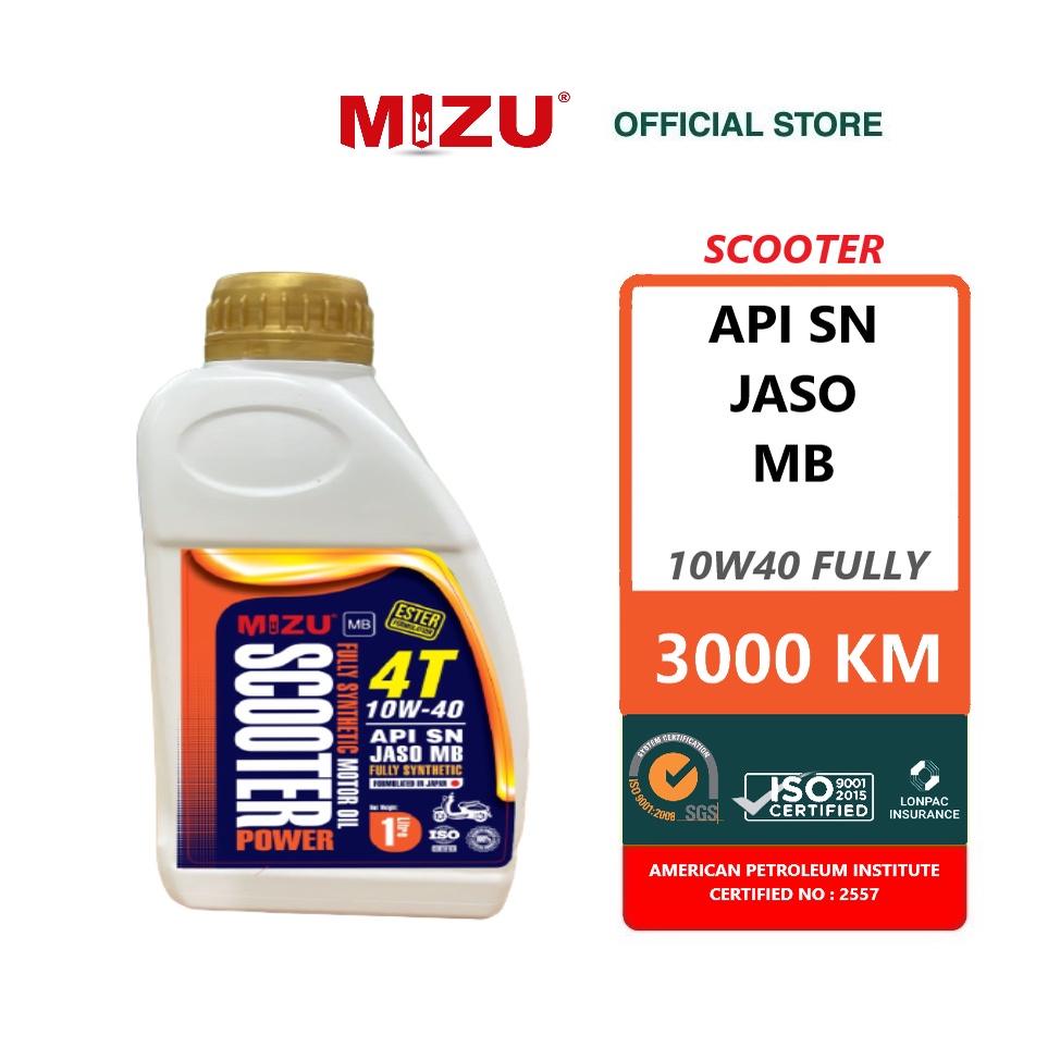 MIZU SCOOTER 4T 10W40 API SN Fully [Ester] Motorcycle Oil (1L) JASO MB ...