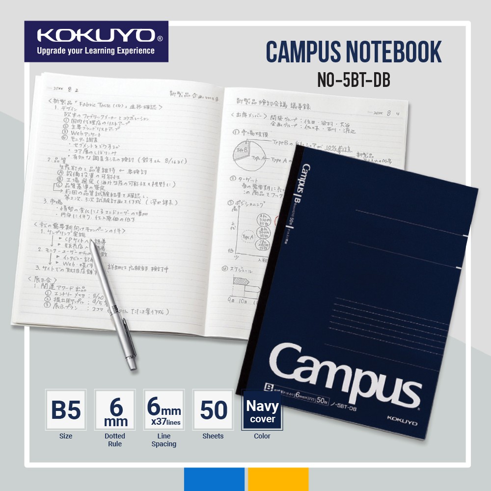 Kokuyo NO-5BT-DB Campus Notebook - B5 - Dotted 6 Mm Rule - Navy Cover ...