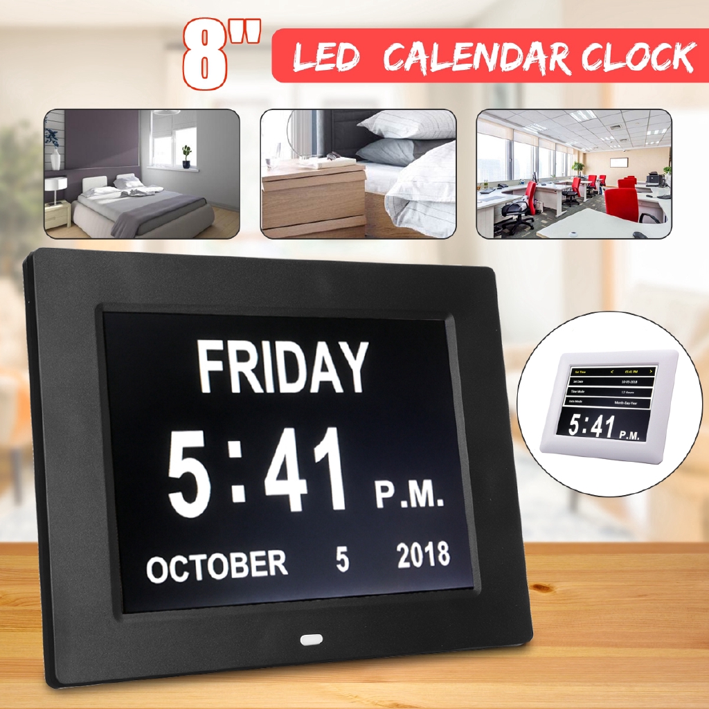 White/black 8Inches Calendar Date Day Time Clock LCD Digital Clock Auto