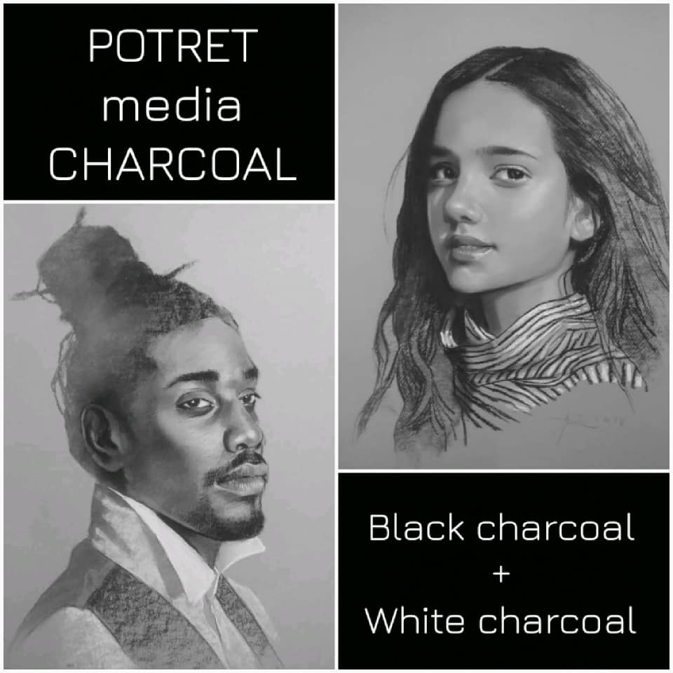 LUKISAN POTRET WAJAH media CHARCOAL atas tone paper (100 handmade