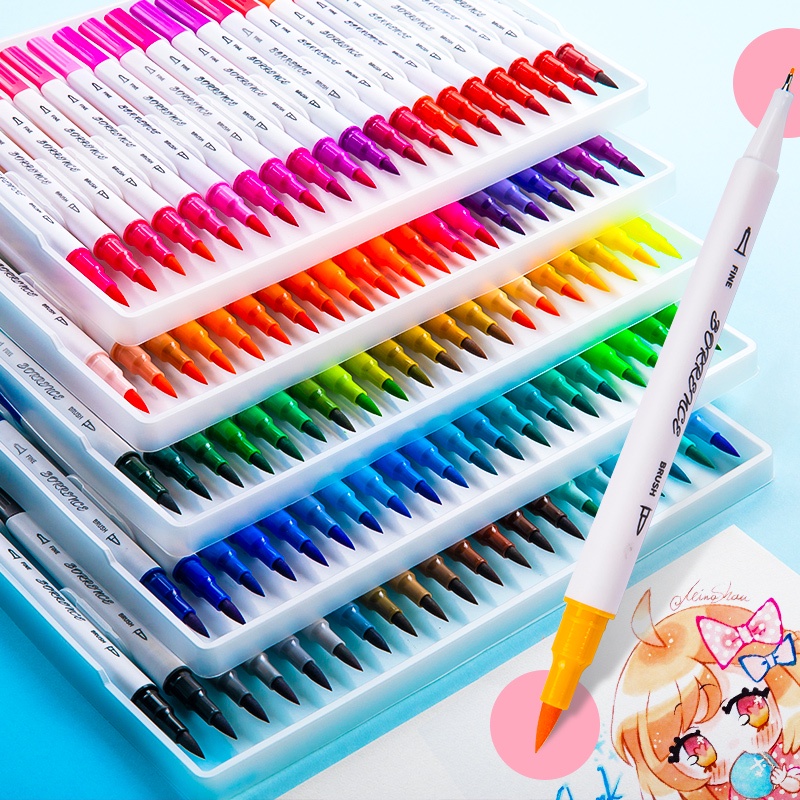 100 Colors Double Head Colored Pens Tips Fineliner and Brush Marker Pen ...