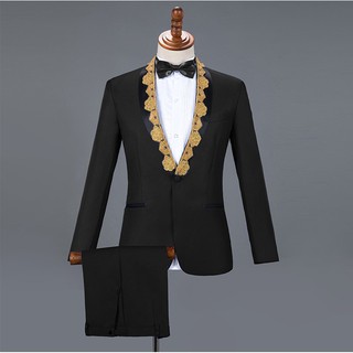 S~2Xl Men'S Black White Gold Embroidered Glitter Groom Wedding Formal Suit  2 Pcs Coat + Pants Photoshooting Dinner Suits | Shopee Malaysia