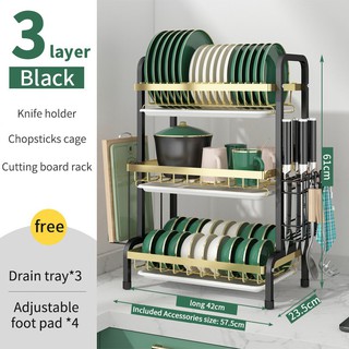 BIGSPOON 3 Tier Dish Rack Stainless Steel Kitchen Dish Rack Dish Drainer  Rack Stainless Steel Kitchen Rack with 2 Removable Trays Plate Storage  Plate Organizer Rak Pinggan Steel