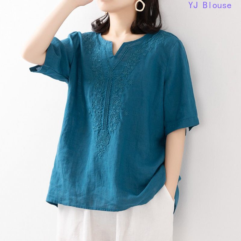 Cotton and Linen Blouse Plus Size Women's Summer Loose Embroidered ...