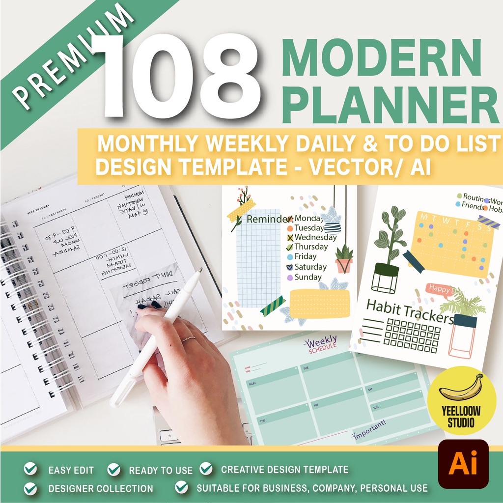108 Modern Planner / To do list / Monthly Weekly Daily planner design ...