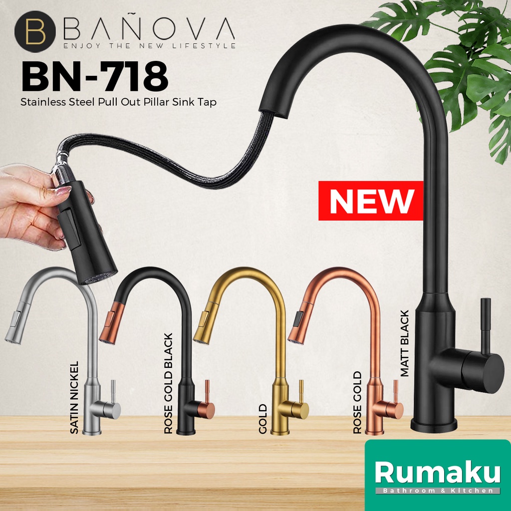BANOVA SUS 304 Stainless Steel Pull Out Pillar Kitchen Sink Tap Water ...