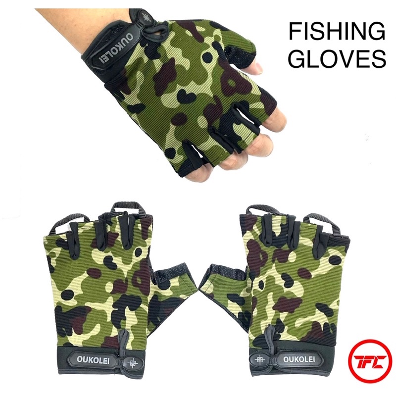 TFC Fishing Casting Gloves Half Finger Non Slip Grip Camo Black