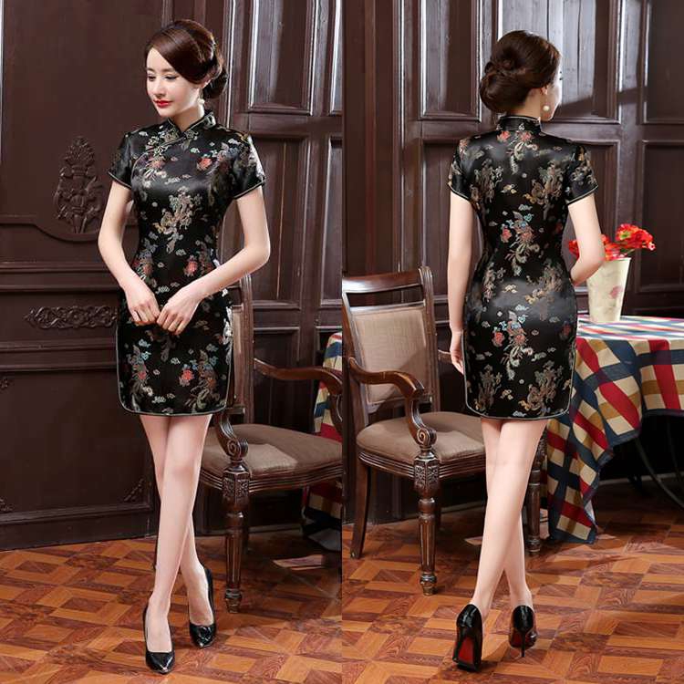 S-6XL Plus Size Black Chinese Cheongsam Women Vintage Satin Cheongsam ...