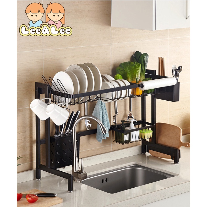 Black 65/85cm Stainless Steel Kitchen Dish Rack U Shape Sink Drain Rack Two layers Kitchen Storage Holder