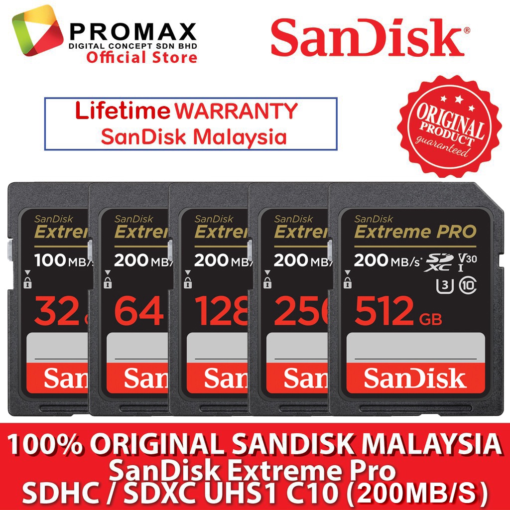 Original SanDisk Extreme Pro SD SDXC 64GB 128GB 256GB 512GB 200MB/s UHSI V30 U3 200mb Class 10