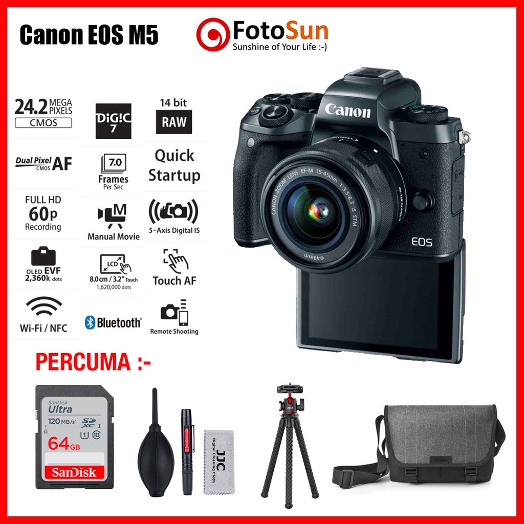 Canon EOS M5 kit 15-45mm IS 24MP mirrorless vlog YouTube Tiktok content ...