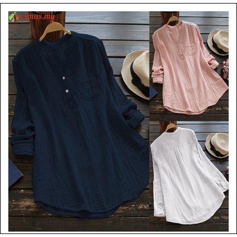 S-2XL Retro Women V Neck Buttons Long Sleeve Pullover Blouses Plus Size ...