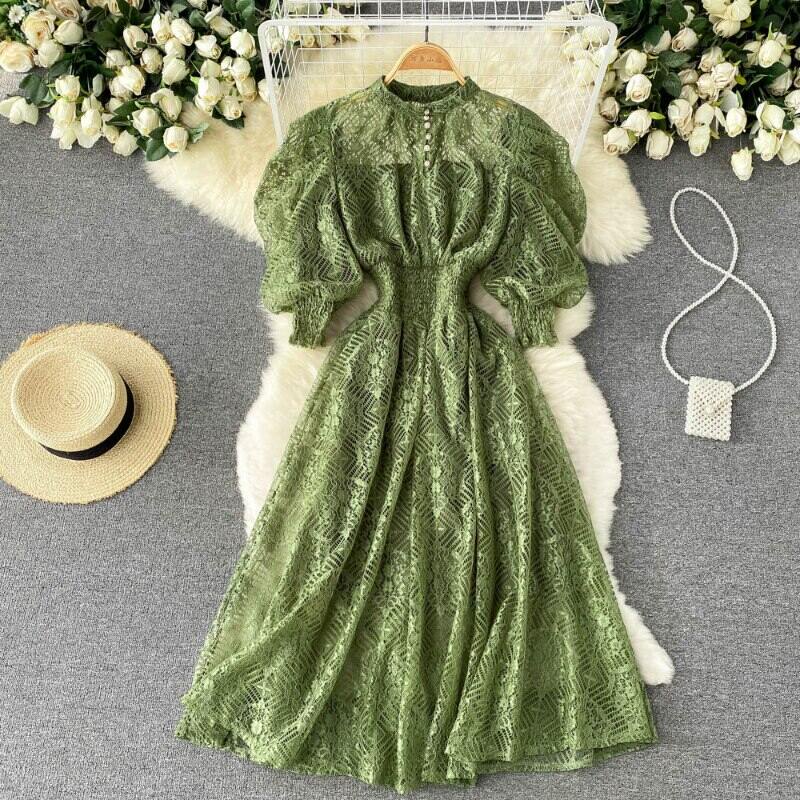 sachin and babi light blue dress DAZY Women's Elegant Lace Patchwork Stand Collar Puff Sleeve Dress, Autumn  Wedding Guest Dress Sundress