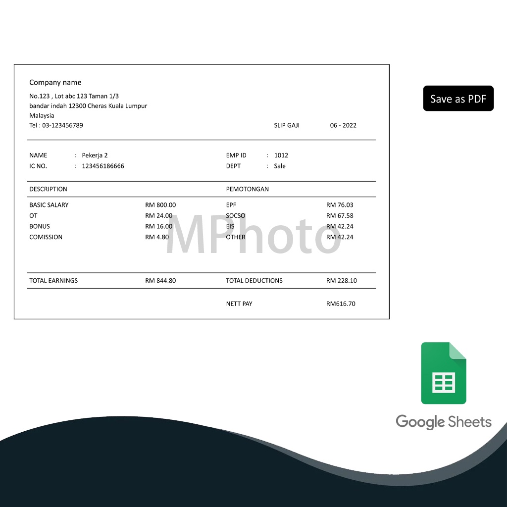 Google Sheet Template Slip Gaji / Payslip Auto Calculation & Save as