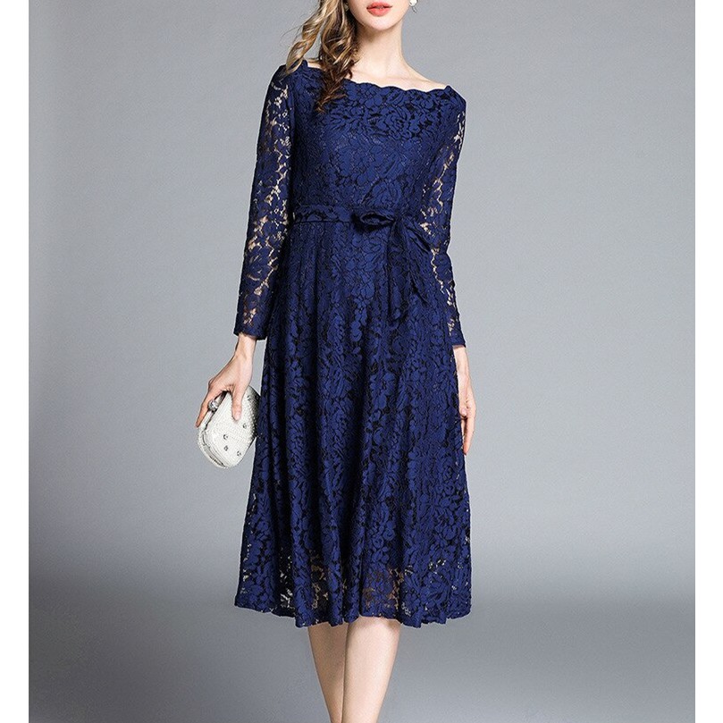 Women floral pattern beige blue lace dress with belt slash collar calf length lace dress ball gown 2 colors Shopee Malaysia