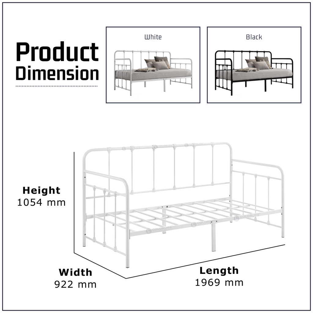 Color Life Dumee Day Bed (Single Size) /Super Base Strong Metal Bar/Powder Coated Metal Bed/Hot