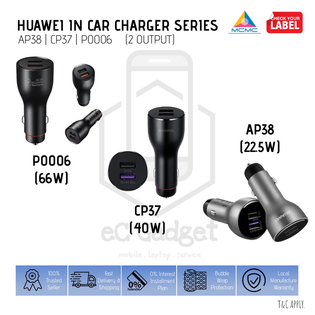 HUAWEI IN CAR CHARGER ORIGINAL 22.5W / 40W / 66W 6 MONTHS SUPPLIER