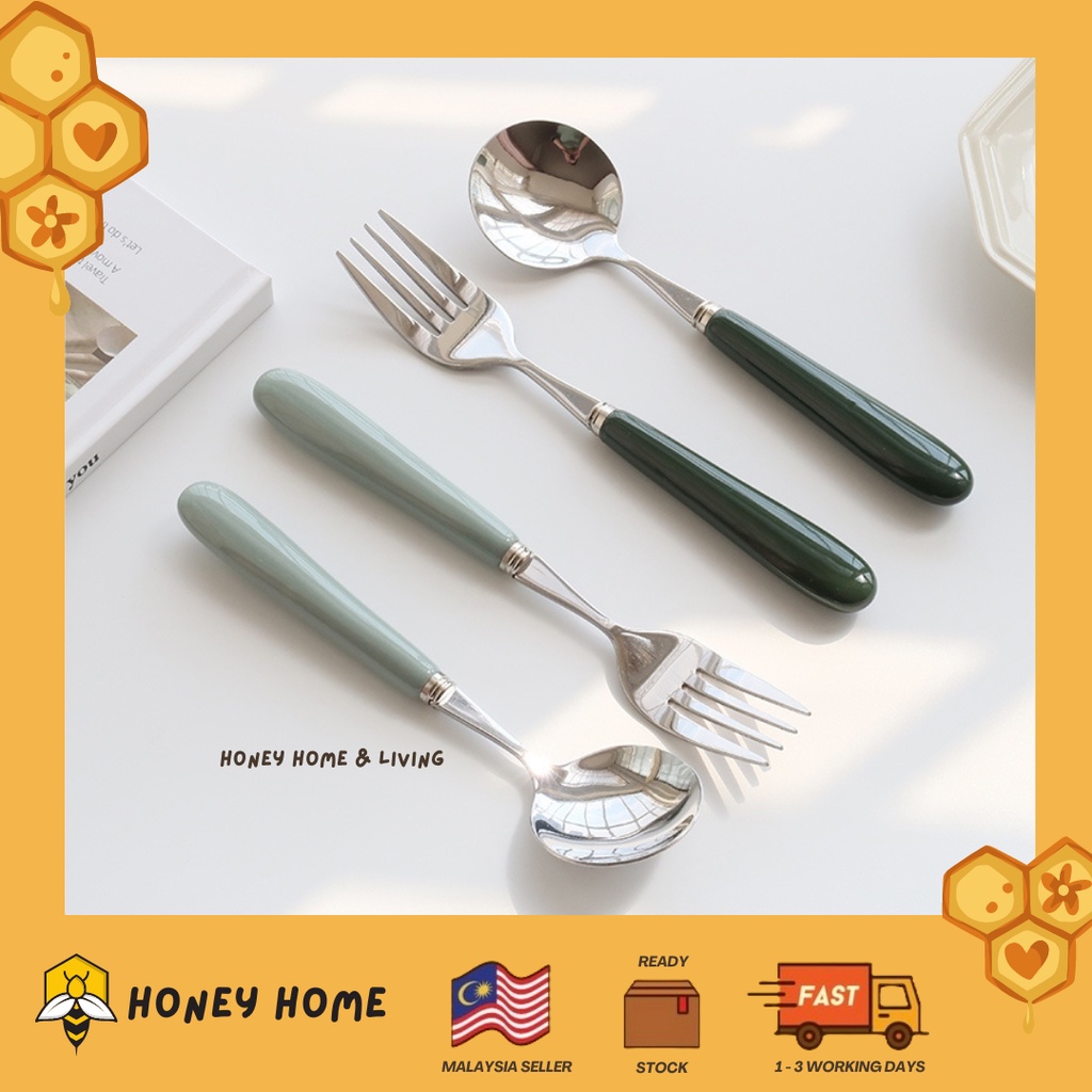 𝐇𝐨𝐧𝐞𝐲 𝐇𝐨𝐦𝐞🍯 [𝐑𝐞𝐚𝐝𝐲 𝐬𝐭𝐨𝐜𝐤 Vintage Green Korean Cutlery set Spoon & Fork
