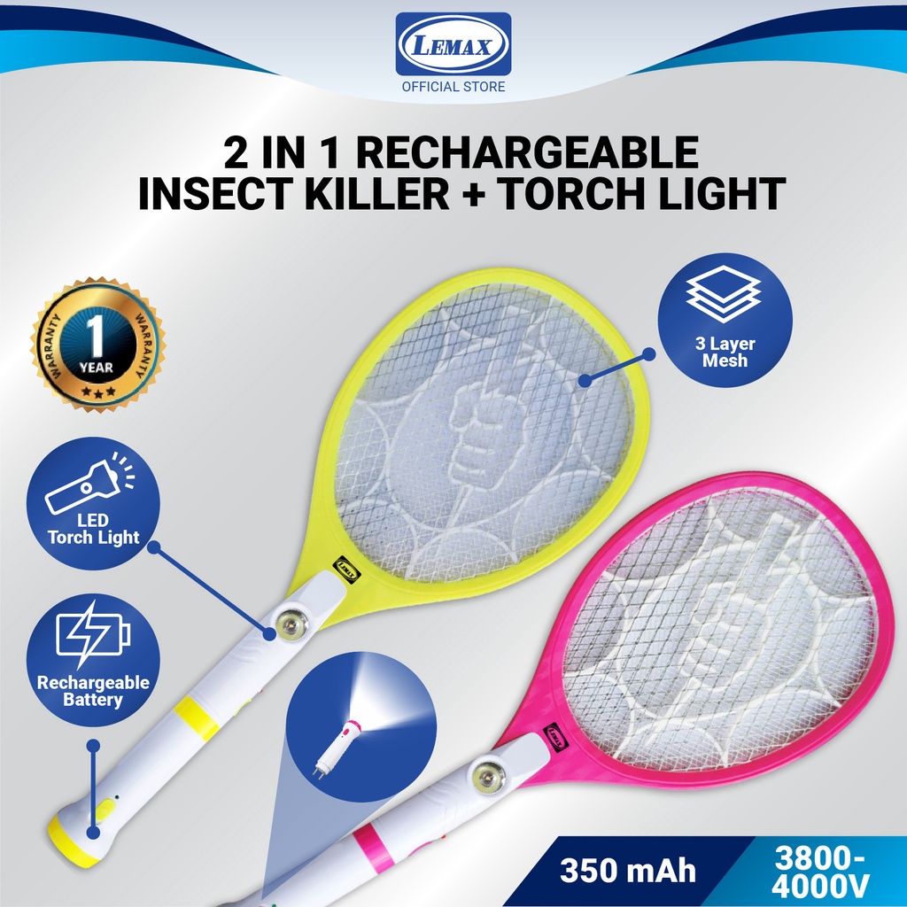 LEMAX 2 in 1 Rechargeable Insect Killer Torch Light Mosquito Racket ...
