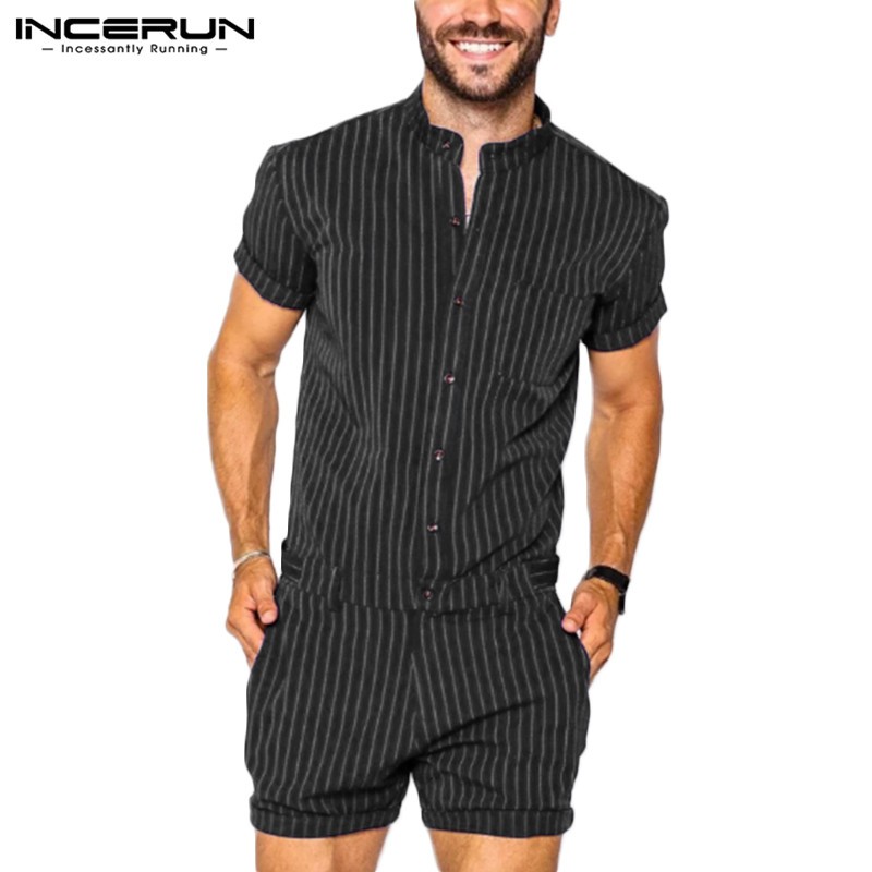 INCERUN Men's Casual Striped Short Sleeve Buttons Up Short Jumpsuit ...