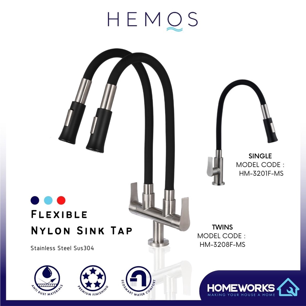 HEMOS KITCHEN FAUCET STAINLESS STEEL SUS 304 BLACK FLEXIBLE TWINS
