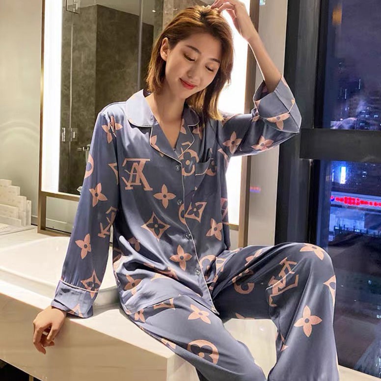 Women Pyjamas LV 2Pcs Long Sleeve Sleepwear Top Pant Set Silk