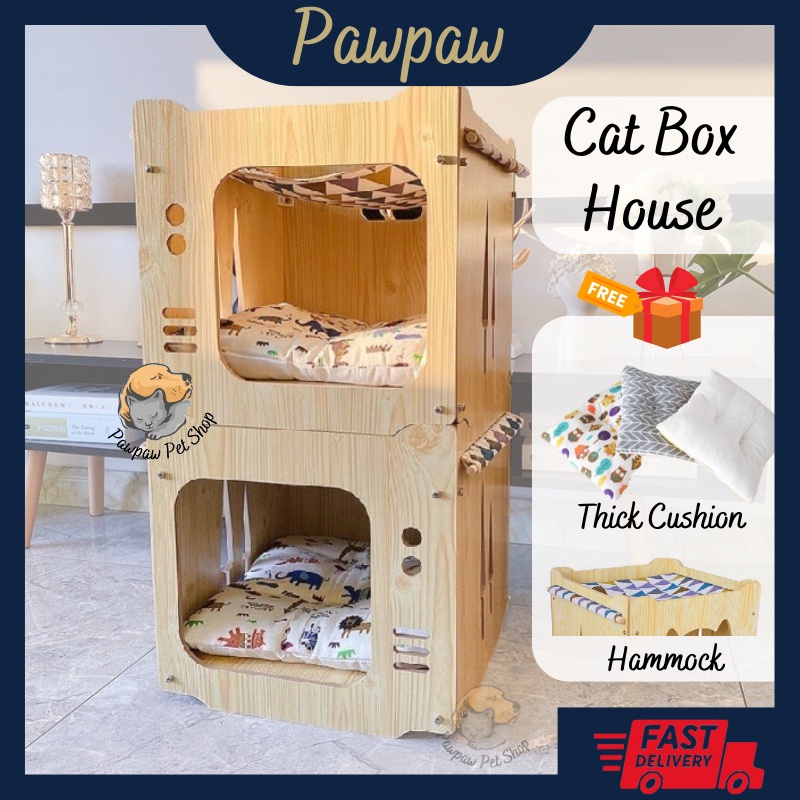 Pawpaw Diy Cat House Cat Box House Indoor Wood Hammock Bed Wooden Play House Kotak Tempat Tidur