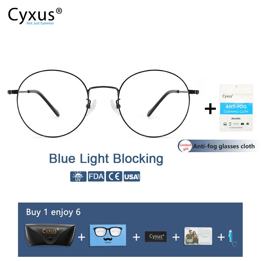 Cyxus Korean Computer Glasses Round Blue Blocking Metal Frame Eyeglasses Anti Eyestrain Uv400