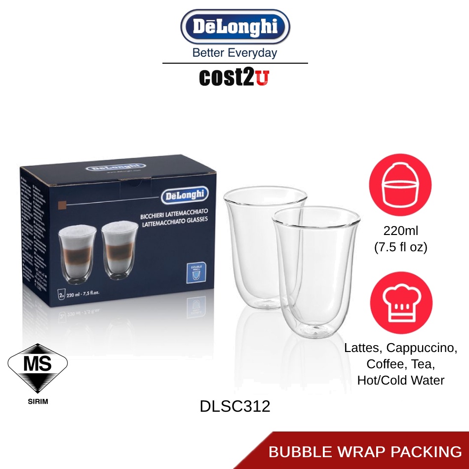 Delonghi 2 Latte Macchiato Double Wall Glasses 220ml - DLSC312