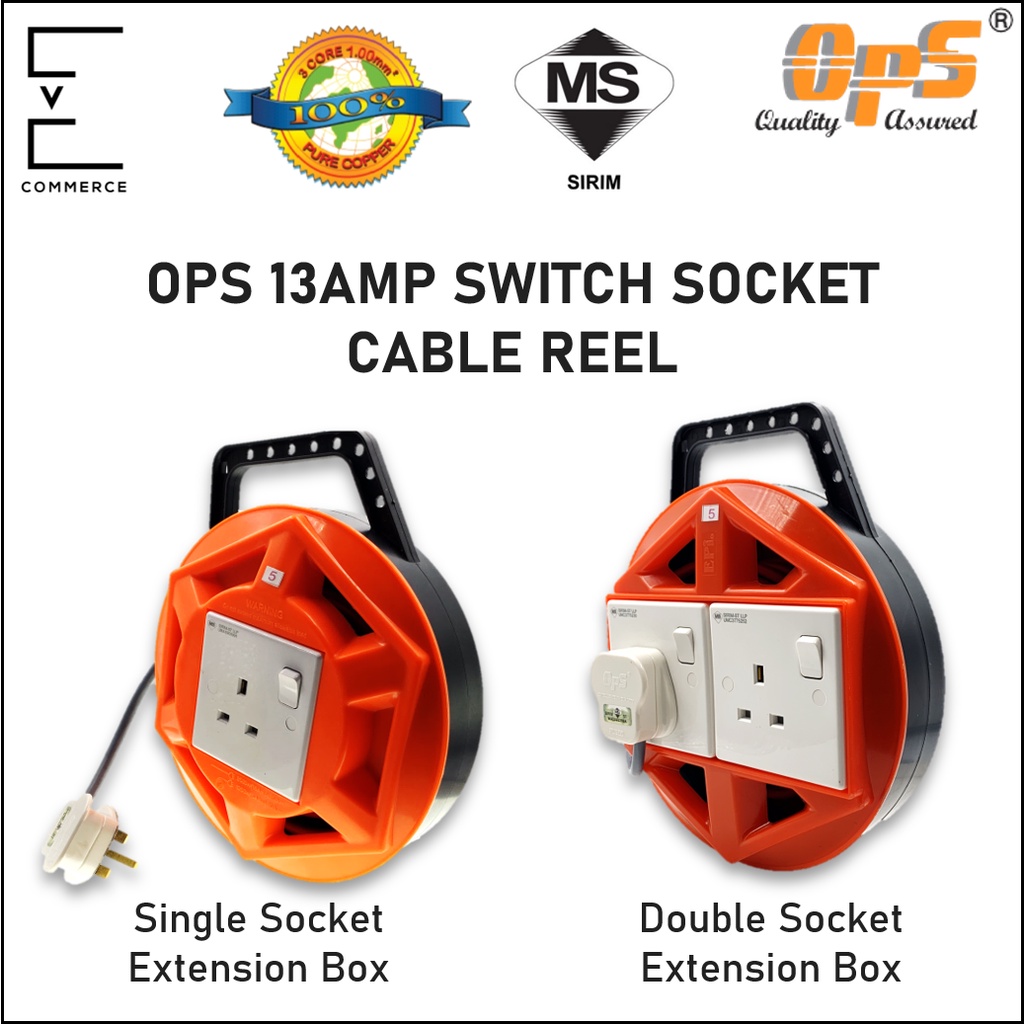 OPS 13 AMP SINGLE/DOUBLE SOCKET CABLE REEL EXTENSION 5/7/10 METER FULL COPPER FLEXIBLE CABLE