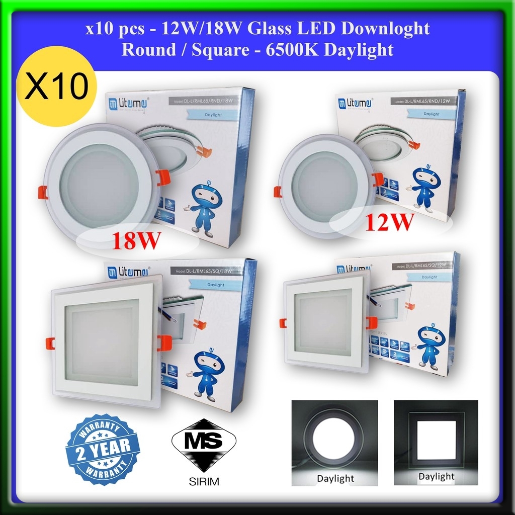 x10 - LiteMe 12W/18W Glass LED Downlight RD/SQR - 6500K Daylight ...