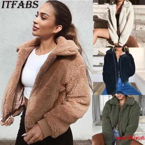 Womens Thick Warm Teddy Bear Pocket Fleece Jacket Coat Zip Up