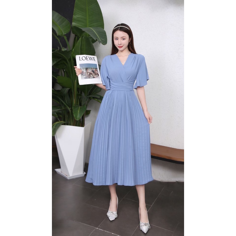 Women Casual Pleated Dress Summer Short Sleeve V Neck Slim High Waisted Bandage Party Dresses