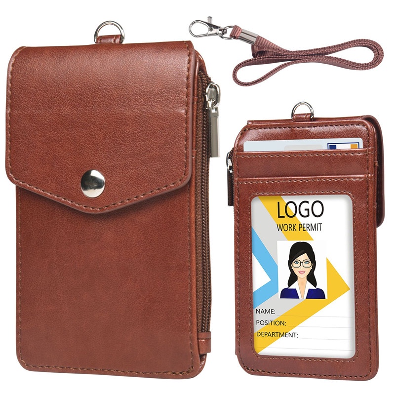 Business Card Holder with Lanyard Zipper ID Card Holder Luxury Leather ...