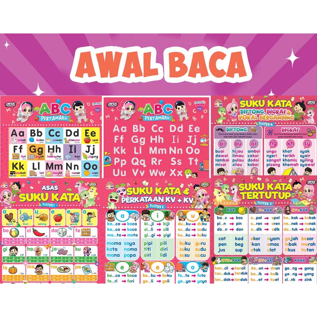 KOMBO 5 POSTER AWAL BACA ANA MUSLIM-ABC, SUKU KATA TERBUKA, SUKU KATA ...