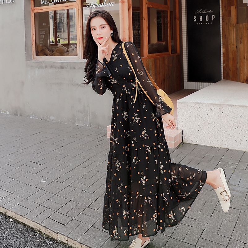 floral korean women ladies chiffon long sleeve summer maxi dress ready ...