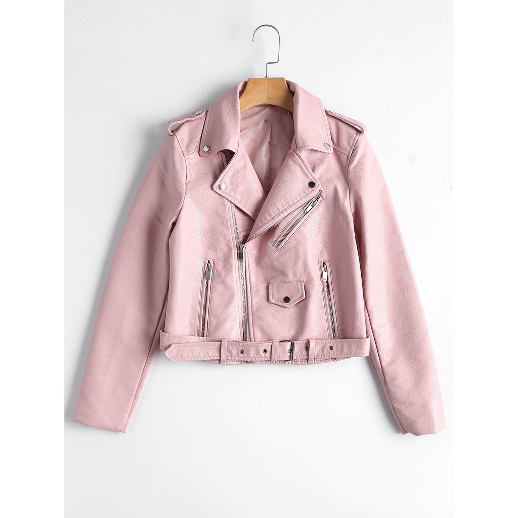 Leather Jacket Women Short Biker Coat Black Pink Punk Outwear