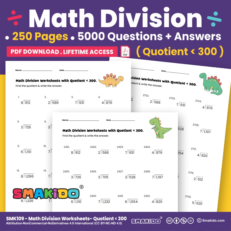 [ Soft Copy/ PDF ] 5000 Questions Math Division Workheets with Quotient