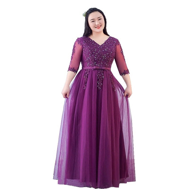 Long V-neck Plus Size Women Purple Dinner Evening Dress Violet Chubby Girl  Ladies Annual Party Female Formal Dress