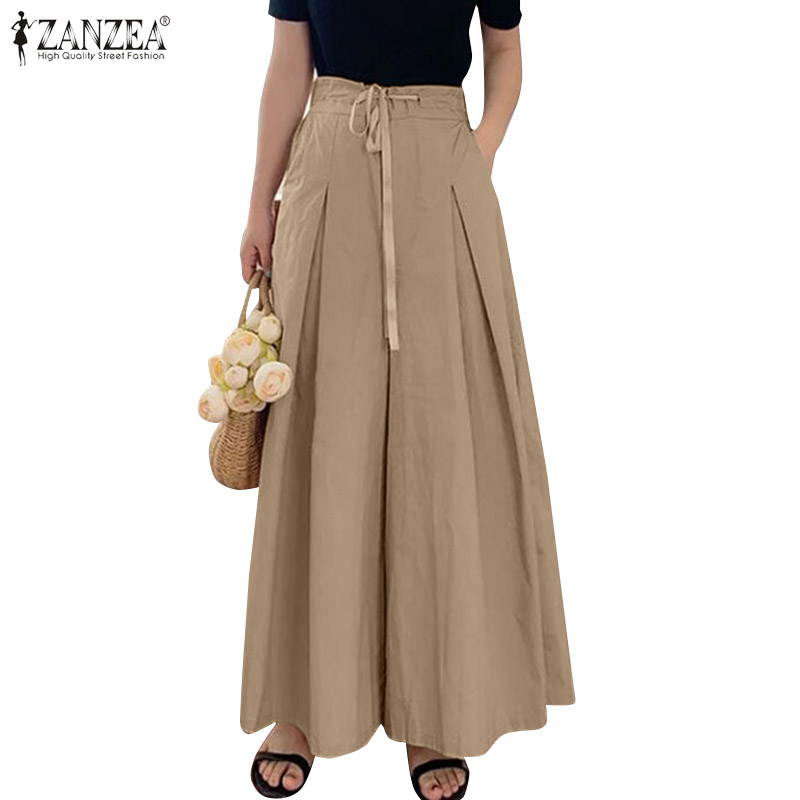 ZANZEA Women Vintage Wide Legs Pleated Elastic Waist Casual Loose Pants ...