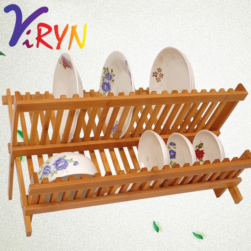 ViRYN 2 Tier Foldable Storage Bamboo Kitchen Dish Drying Rack Wooden ...