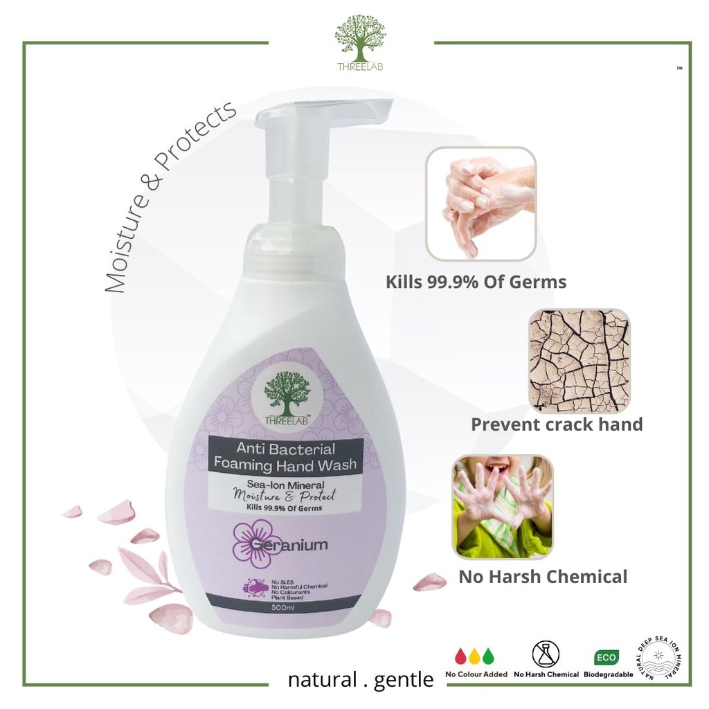 THREELAB Geranium Foaming Hand Wash Natural Ingredients 500ML Sabun Cuci Tangan Untuk Kulit
