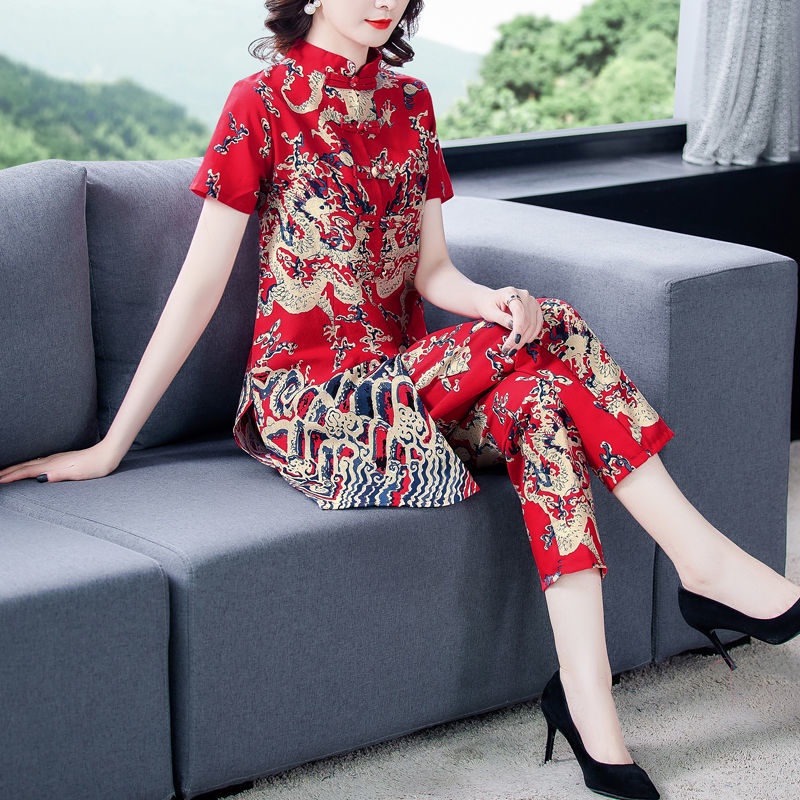 Short Sleeve Vintage Print Stand Collar Buckle Cheongsam Top Trousers Women Summer Chinese Style New Year 2 Piece Set Shopee Malaysia