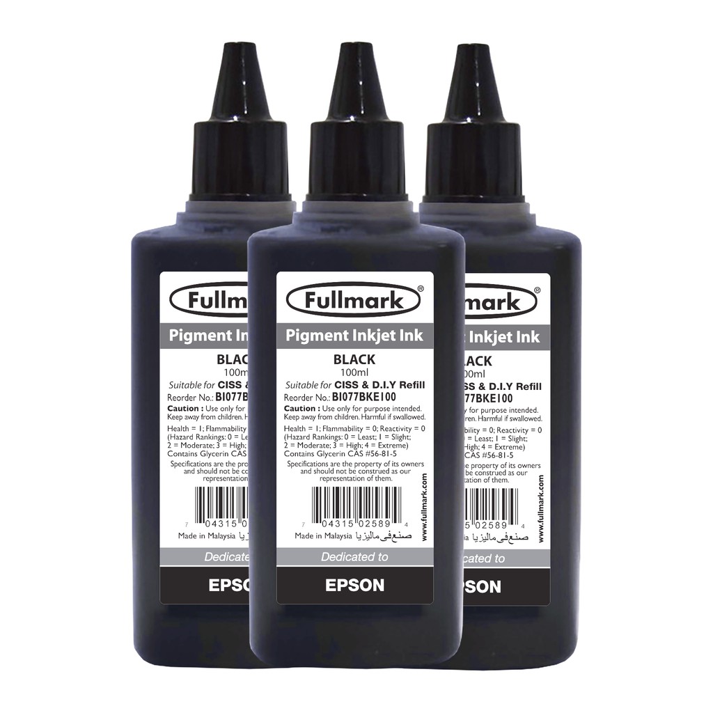 Fullmark Epson Refill Pigment Ink Inkjet , 3 x 100ml - Black (BI077 ...