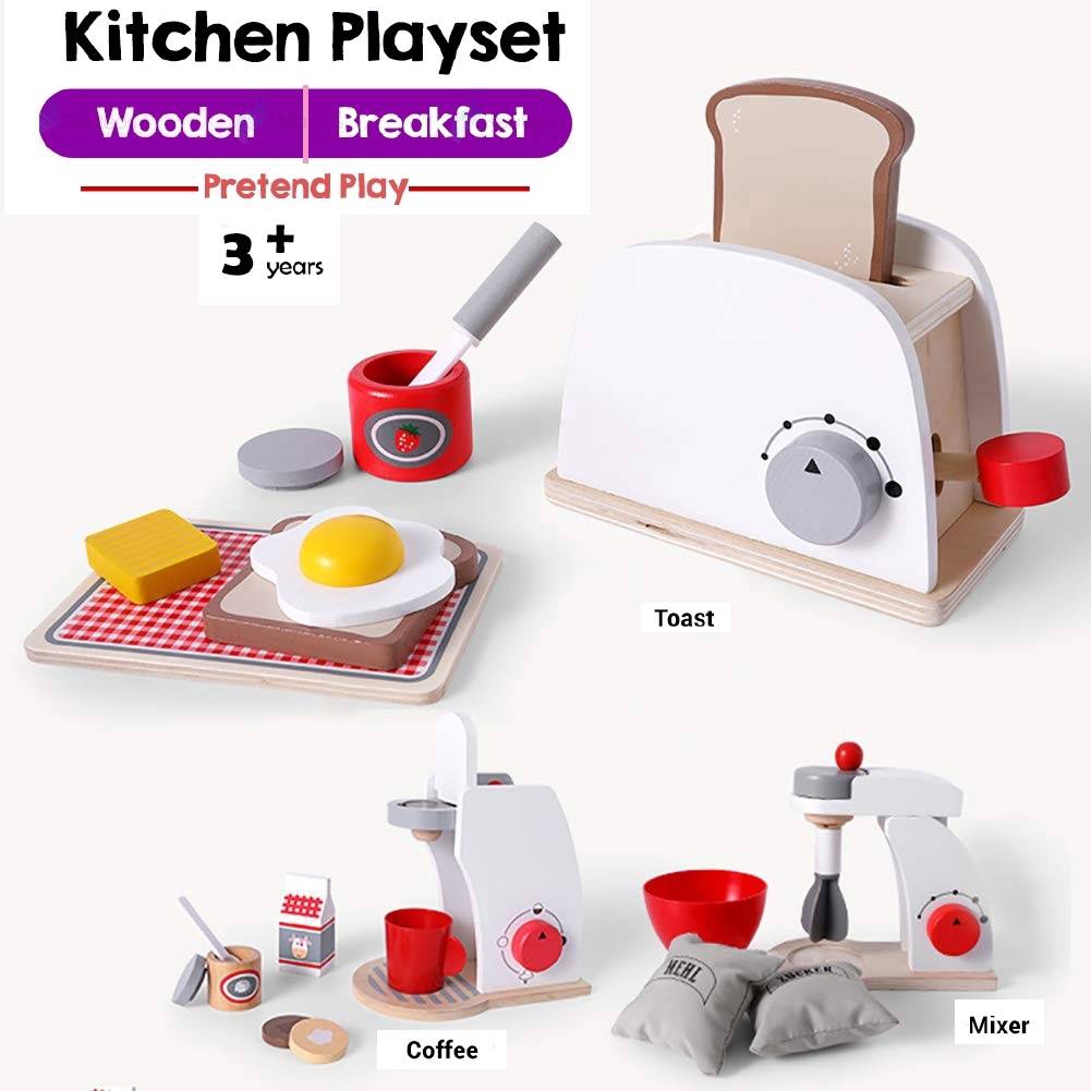 Wooden Kitchen Playset Kids Pretend Play Cooking Toy Toaster Coffee ...