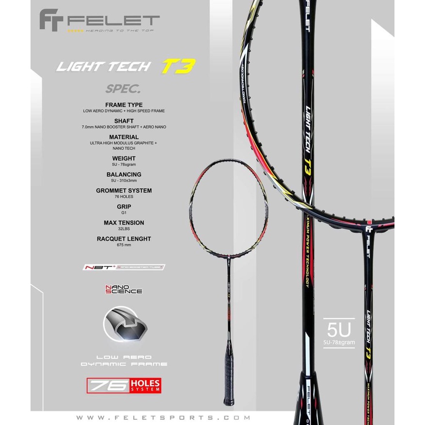Felet Light Tech T3 Heavy Head Racket Badminton Raket Badminton [Free