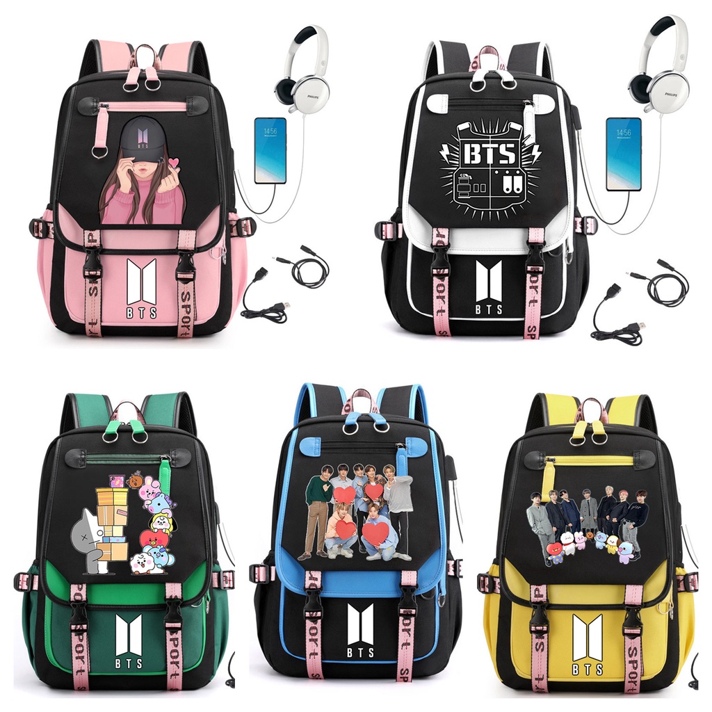 BTS Backpack for Women School Bag Computer Backpack for Men Student Backpack Travel Bag USB Earphone Interface Shopee Malaysia