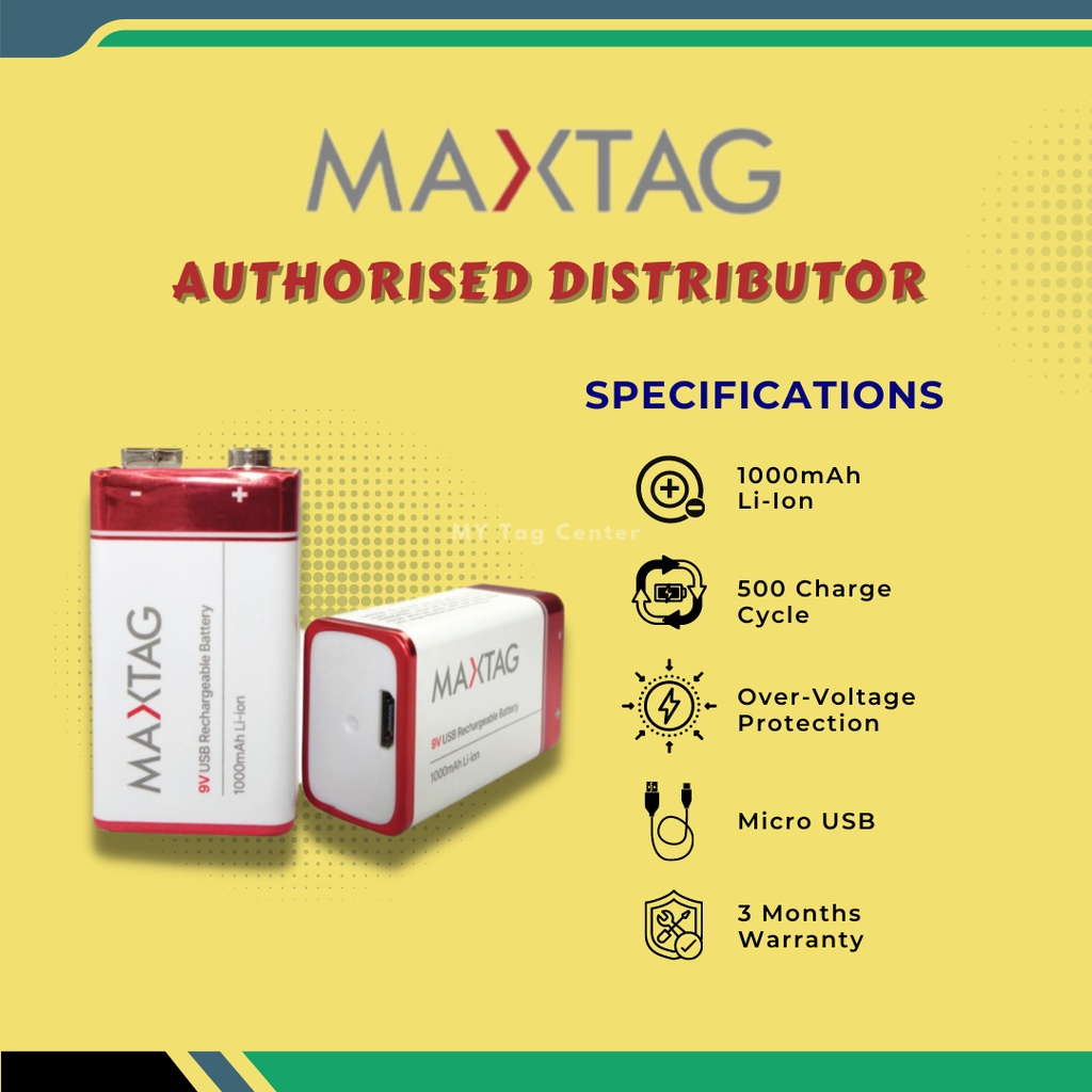 MaxTag Rechargeable 9V Battery Rechargable USB cable Smart taq