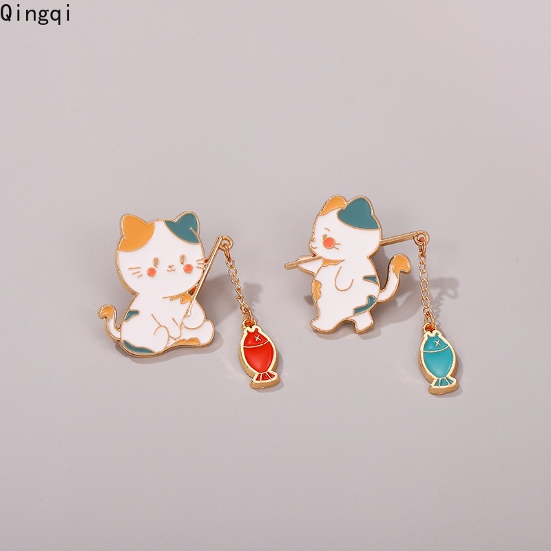 Cute Cartoon Cat Brooch Pins Cat Fishing with Chain DIY Button Pin ...