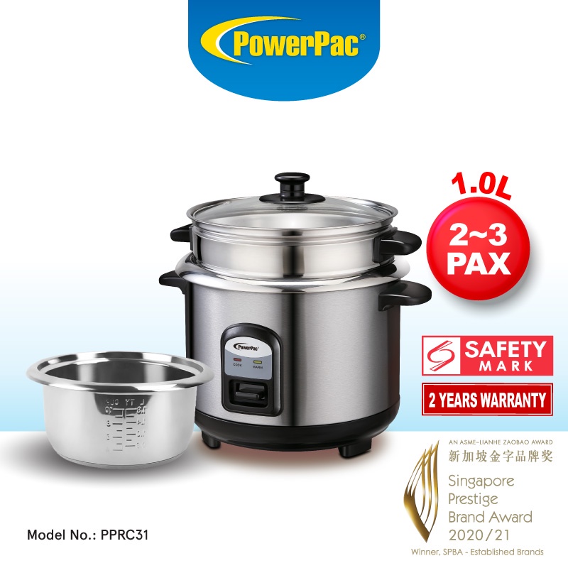 PowerPac Rice Cooker 1.0L Rice Cooker with Stainless Steel Pot and Food ...